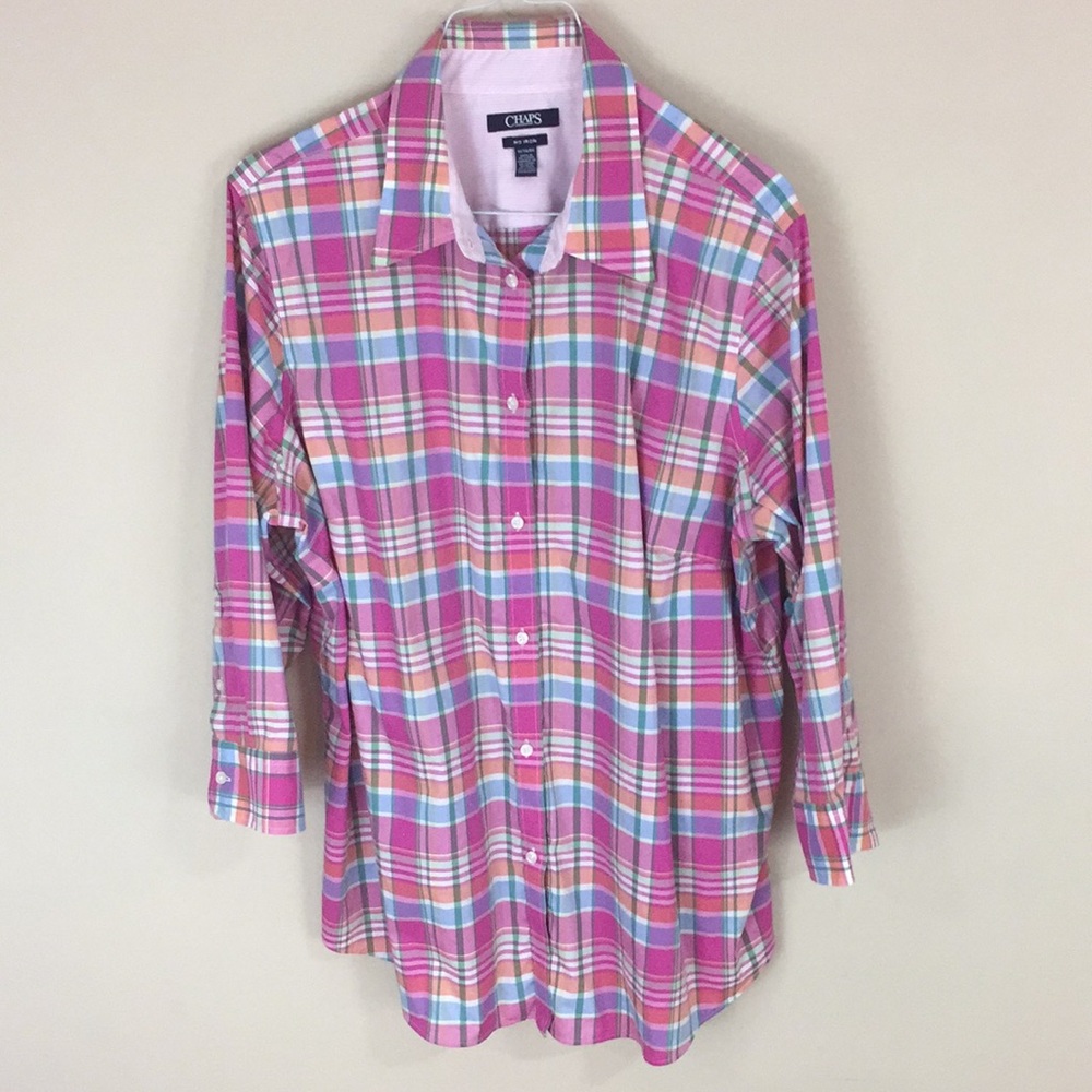 Chaps No-Iron Pink/Blue/White Plaid Button-Down Shirt - Picture 2 of 9